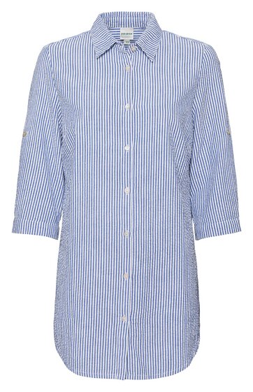 Hemdbluse hellblau mit weißen senkrechten Streifen, durchgehende Knopfleiste, klassischer Hemdkragen, 3/4-lange Ärmel, leicht abgerundeter Saum