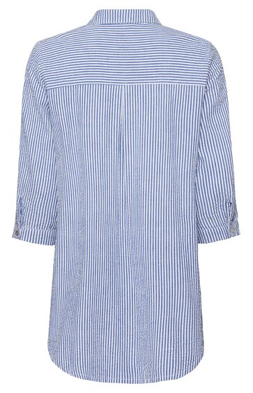Hemdbluse, hellblau und weiß gestreift, durchgehende senkrechte Streifen, Umlegekragen, 3/4-ärmel mit Manschetten und Knöpfen, lockere gerade Passform