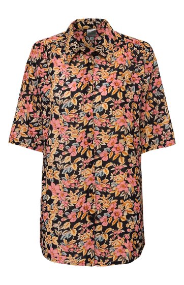 Schwarzes Hemd mit orangefarbenem und rosafarbenem Blumenmuster, Hemdblusenkragen, halblange Ärmel, durchgehende Knopfleiste, gerade geschnitten