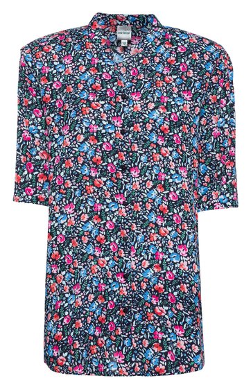 Dunkelblaues Hemdblusenkleid mit rosa und hellblauen Blumenmuster, Stehkragen, durchgehende Knopfleiste, 3/4-Ärmel, gerade geschnitten