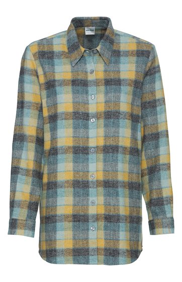 Langärmliges Hemd in Hellblau, Hellgelb, Grau mit großem Karomuster, klassischer Kragen, durchgehende Knopfleiste, gerade geschnitten