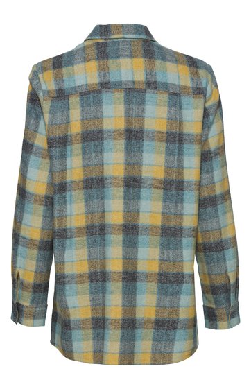 Langärmliges Hemd, kariert in Hellblau, Gelb, Grau und Weiß, mit Kragen, gerader Saum, Rückansicht