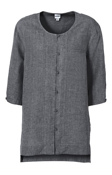 Lang geschnittene Bluse in dunkelgrau, unifarben, Rundhalsausschnitt, durchgehende Knopfleiste, 3/4 lange Ärmel, gerader Saum mit seitlichen Schlitzen