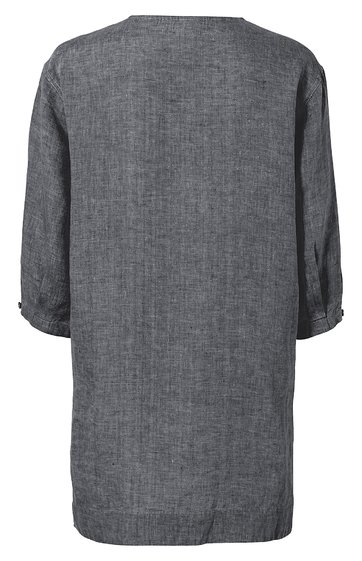 Dunkelgrauer, langärmliger Pullover mit geradem Schnitt, Rundhalsausschnitt, Ärmel mit Riegel und Knopf, einfarbig, Rückansicht