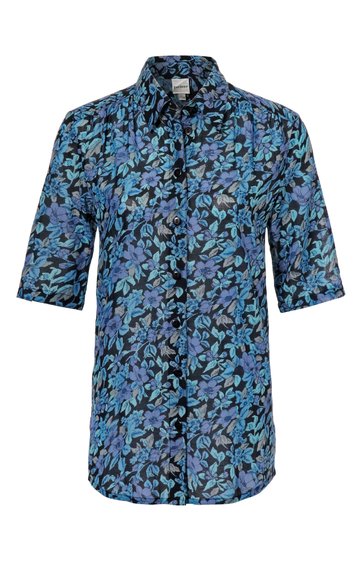 Bluse in Dunkelblau mit floralen Mustern in Hellblau und Türkis, Knopfleiste vorne, Hemdkragen, halblange Ärmel, gerade geschnitten