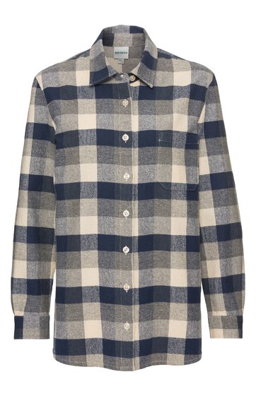 Langärmliges Hemd in beige und dunkelblau kariert, durchgehende Knopfleiste, klassischer Kragen, gerade geschnitten