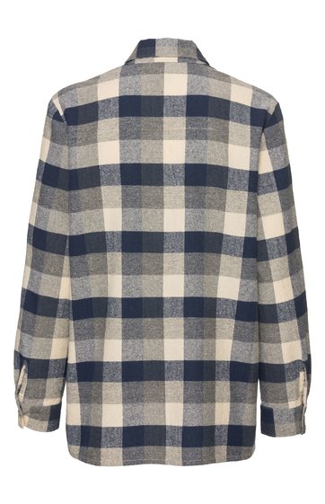 Karierter Overshirt in Beige, Blau und Dunkelblau, langärmlig, umgeschlagene Ärmelenden, Kragen, lockere Passform, gerade geschnitten