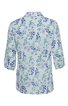 Bluse in Hellblau mit blauem und grünem floralen Muster, langer Schnitt, Stehkragen, 3/4-Ärmel mit Knopfleiste, Rückansicht