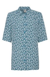 Kurzarmbluse in blau mit weißem und rosa Blumenmuster, Stehkragen, durchgehende Knopfleiste, gerade geschnitten