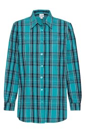 Langärmliges Hemd türkis mit schwarzem und weißem Karomuster, spitzer Kragen, Knopfleiste vorne, gerade geschnitten