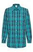 Langärmliges Hemd türkis mit schwarzem und weißem Karomuster, spitzer Kragen, Knopfleiste vorne, gerade geschnitten