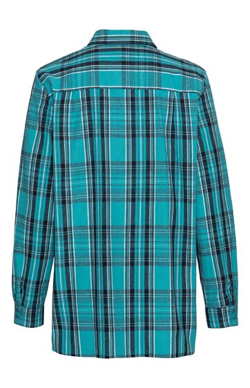 Herrenhemd, türkis mit schwarzem und weißem Karomuster, lange Ärmel, geknöpfte Manschetten, Kragen, Rückenansicht