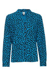 Blaues Hemdblusenoberteil mit schwarzem abstraktem Muster, klassischer Kragen, lange Ärmel, durchgehende Knopfleiste auf der Vorderseite