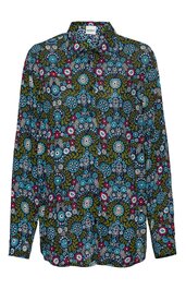 Langärmlige Bluse, dunkelblau mit buntem Blumenmuster in Hellblau, Weiß, Gelb und Pink, klassischer Hemdblusenkragen, durchgehende Knopfleiste, gerade geschnitten