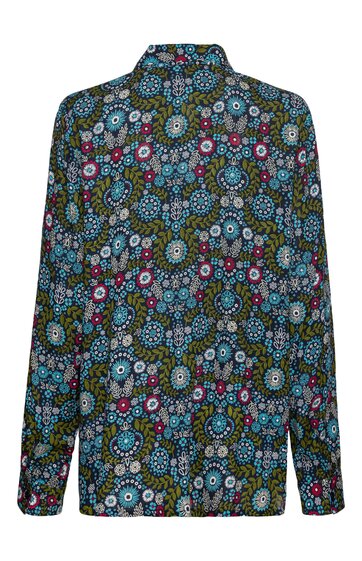 Langärmlige Bluse, dunkelblauer Grundton, bunte rundliche Blumenmuster in Blau, Weiß, Rot und Grün, Stehkragen, gerade geschnitten