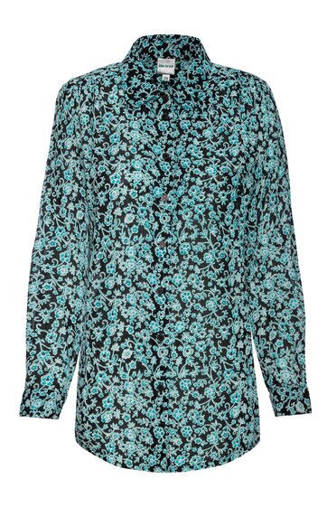 Langärmliges Hemd türkis mit schwarz-weißem Blumenmuster, klassischer Kragen, Knopfleiste mittig, gerade geschnitten