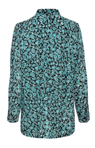 Langärmlige Bluse in Schwarz mit blauem Blumenmuster, Stehkragen, gerade geschnitten, ohne sichtbare Verschlüsse, vorne geschlossen