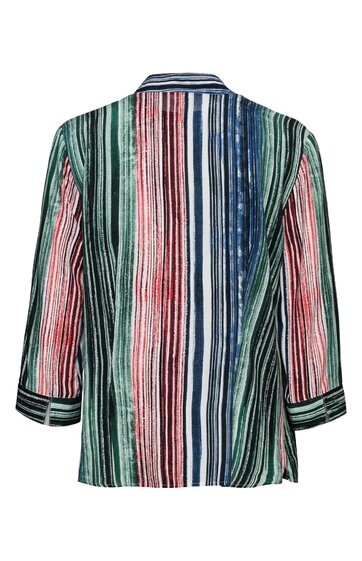 Gestreifte Bluse in grün, rot, blau und weiß, Quer- und Längsstreifen, klassischer Kragen, lange Ärmel mit Bündchen, gerade geschnitten