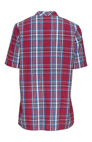 Rot-kariertes Hemd mit kurzen Ärmeln, Stehkragen, gerader Schnitt, rot-weiß-blau kariertes Muster, Rückansicht