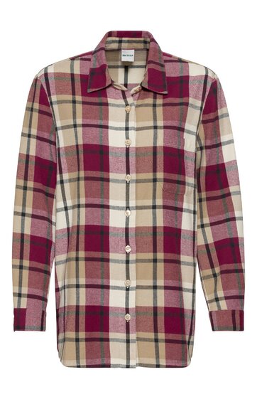 Langärmliges Hemd in Beige, Burgunderrot und Hellbraun kariert, Knopfleiste vorne, klassischer Hemdkragen, gerade geschnitten