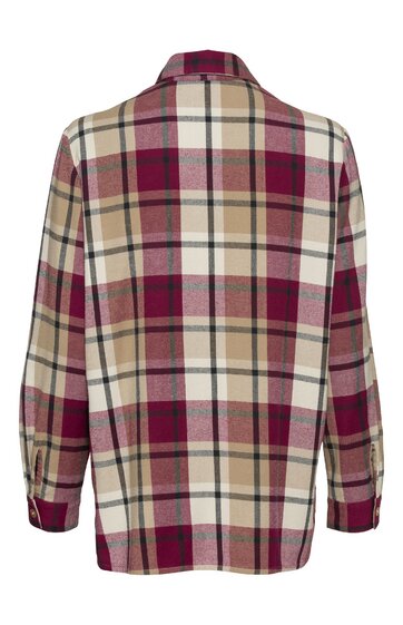 Karierte Hemdbluse in Rot, Beige und Dunkelgrün, großflächiges Karo-Muster, Stehkragen, lange Ärmel mit Manschetten, gerade geschnitten, Rückansicht