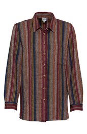 Langärmliges Hemd, rotbraun mit vertikalen Streifen in Gelb, Dunkelblau, Dunkelgrün und Weiß, Hemdkragen, durchgehende Knopfleiste, weite Passform, Manschetten mit Knöpfen, aufgesetzte Brusttasche rechts