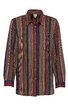 Langärmliges Hemd, rotbraun mit vertikalen Streifen in Gelb, Dunkelblau, Dunkelgrün und Weiß, Hemdkragen, durchgehende Knopfleiste, weite Passform, Manschetten mit Knöpfen, aufgesetzte Brusttasche rechts