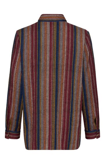 Langärmliges Hemd mit senkrechten Streifen in Rot, Blau, Braun, Grau und Gelb, Stehkragen, Knopfleiste an den Manschetten, gerade geschnitten
