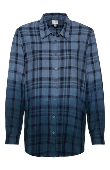 Herrenhemd, dunkelblau mit schwarzem Karomuster, langärmlig, Knopfleiste vorne, klassischer Hemdkragen, gerade geschnitten