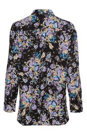 Damenbluse schwarz mit lila, blauen und beigen Blumenmuster, langärmlig, klassischer Hemdblusenkragen, lockere Passform, gerade geschnittener Saum
