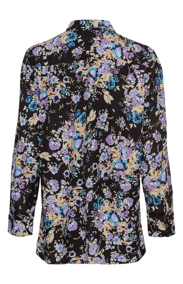 Damenbluse schwarz mit lila, blauen und beigen Blumenmuster, langärmlig, klassischer Hemdblusenkragen, lockere Passform, gerade geschnittener Saum