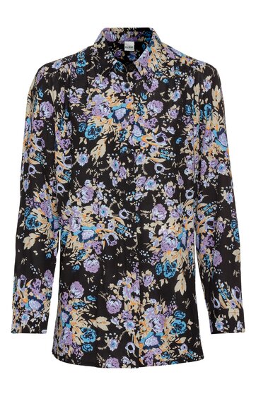 Schwarzes Hemd mit langem Arm, Blumenmuster in Blau, Violett und Beige, klassischer Kragen, durchgehende Knopfleiste, gerade geschnitten