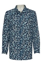Langärmliges Hemd in Dunkelblau mit weißem und hellblauem Blattmuster, durchgehende Knopfleiste, klassischer Kragen, gerade Form