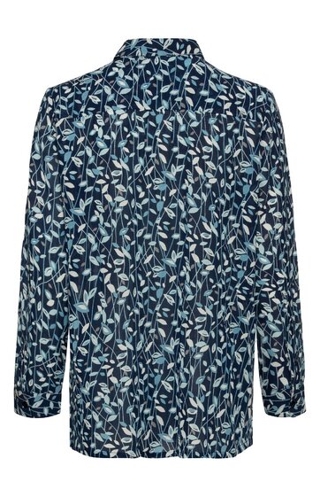 Dunkelblauer Blazer mit weißem und hellblauem Blattmuster, langer Arm, Reverskragen, zwei aufgesetzte Taschen, gerade geschnitten