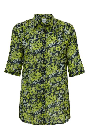 Damenbluse in Schwarz mit grünem Blumenmuster, halbtransparent, mit Kragen, durchgehender Knopfleiste, halblangem Ärmel, locker geschnitten