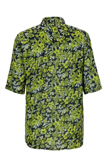 Kurzärmliges Hemd in dunkelblau mit grünem und hellblauem Blattmuster, klassischer Kragen, gerade geschnitten