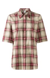Kurzärmeliges Hemd in beige mit rot kariertem Muster, klassischer Hemdkragen, durchgehende Knopfleiste vorne, gerade geschnitten