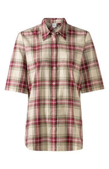 Kurzärmeliges Hemd in beige mit rot kariertem Muster, klassischer Hemdkragen, durchgehende Knopfleiste vorne, gerade geschnitten