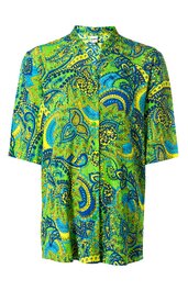 Bluse in grün und blau mit Paisley- und floralem Muster, Halbarm, Stehkragen, durchgehende Knopfleiste vorne, lockere Passform