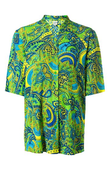 Bluse in grün und blau mit Paisley- und floralem Muster, Halbarm, Stehkragen, durchgehende Knopfleiste vorne, lockere Passform
