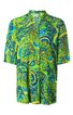 Bluse in grün und blau mit Paisley- und floralem Muster, Halbarm, Stehkragen, durchgehende Knopfleiste vorne, lockere Passform