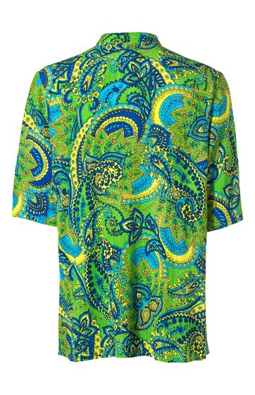 Bluse in grün mit blauem und gelbem Paisleymuster, halblange Ärmel, Hemdkragen, locker geschnitten