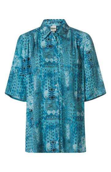 Blaues Hemd mit abstraktem Muster, kurzärmlig, klassischer Kragen, gerade geschnitten, durchgehende Knopfleiste vorne