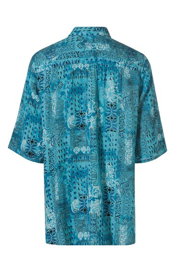 Kurzärmeliges Hemd in Türkis mit blauem abstraktem Muster, Hemdblusenkragen, gerade geschnitten, Rückenansicht