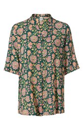 Grüne Bluse mit rosa Blumenmuster, Halbarm, Stehkragen, durchgehende Knopfleiste, lockere Passform