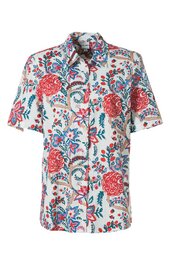 Kurzärmliges Hemd in Cremeweiß mit buntem Blumenmuster in Rot, Blau und Grün, spitzer Kragen, durchgehende Knopfleiste, gerade geschnitten