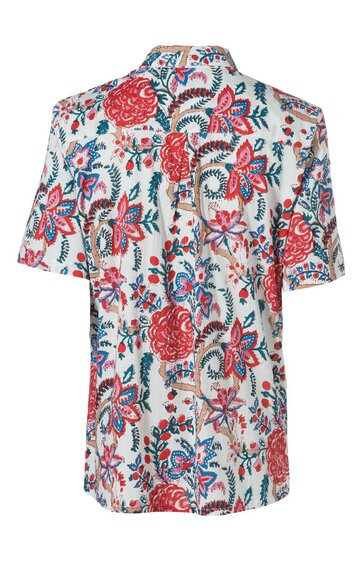 Weißes Hemd mit kurzem Arm, florales Muster in Rot, Blau und Braun, klassischer Kragen, durchgehende Knopfleiste, gerader Schnitt