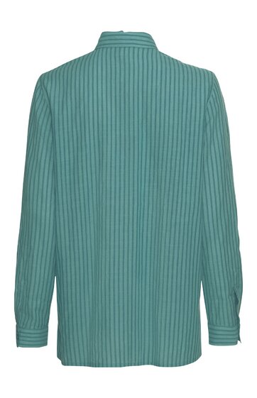 Grün gestreifte Bluse mit langen Ärmeln, Stehkragen, Manschetten mit Knöpfen, gerade geschnitten, Rückansicht