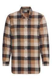 Karierte Hemdjacke in Beige, Braun, Schwarz und Weiß, durchgehende Knopfleiste, Kragen, lange Ärmel, kastige Form