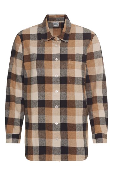 Karierte Hemdjacke in Beige, Braun, Schwarz und Weiß, durchgehende Knopfleiste, Kragen, lange Ärmel, kastige Form